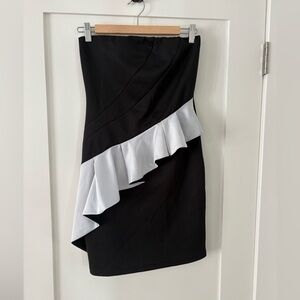 Black & White Strapless Ruffle Mini Dress | Silky Stretch | Party / Cocktail | S